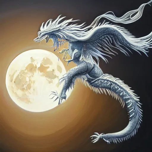 Prompt: a painting of a long white chinese dragon dancing in front of the moon, illustration, shiny, full resolution, full lights, sharp focus, Artstation, intricate, ethereal, highly detailed, smooth,