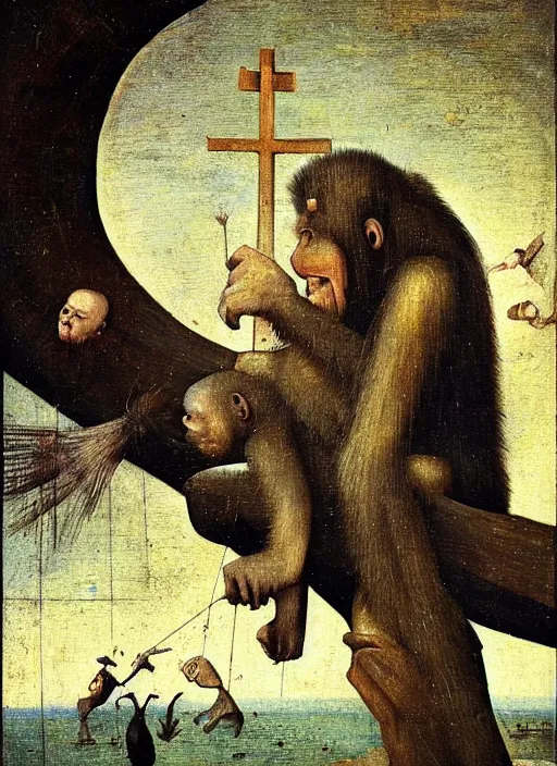 Image similar to Bored Ape on the Cross like Jesus by Hieronymus Bosch, day time sky, surreal oil painting, highly detailed, dream like, masterpiece