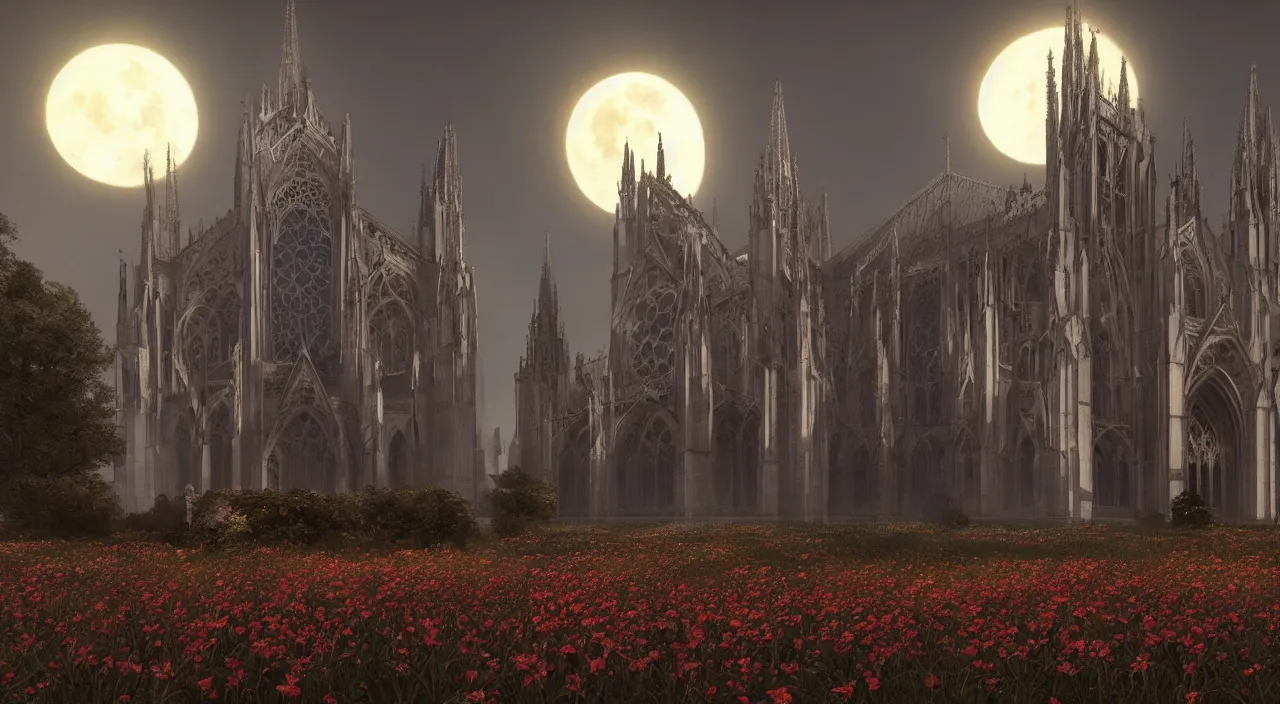 Prompt: A Gothic cathedral in a field of flowers, A huge red moon shines over the earth.highly realistic, hyper detailed,cinematic,4k,digital art,unreal engine 5,by Greg Rutkowski and gustav doré