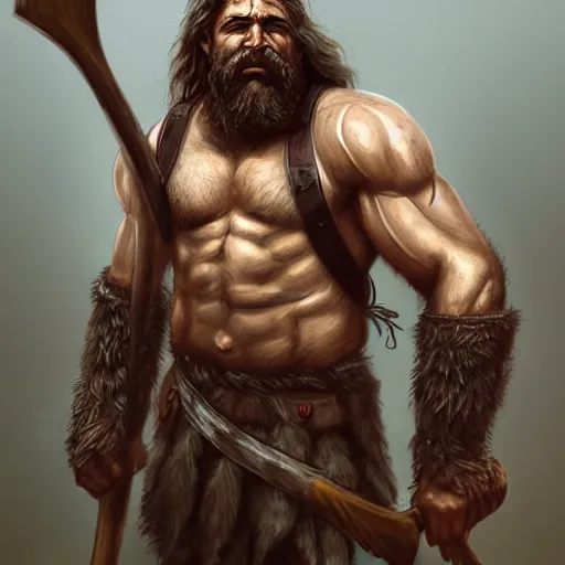 Image similar to portrait of a rugged warrior swinging an axe, muscular, upper body, hairy torso, D&D, fantasy, intricate, elegant, highly detailed, digital painting, artstation, concept art, matte, sharp focus, illustration