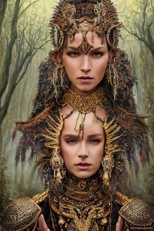 Image similar to oil painting of fantasy female warrior, symmetrical beautiful clean face, intricate jewellery, filigree armour, tribal tattoos, big earrings, shining eyes, crystals, covered in plants, standing in the mystical forest, realistic oil painting, baroque, renaissance painting, dramatic, cinematic light, trending on artstation, rule of thirds, highly detailed, 8 k