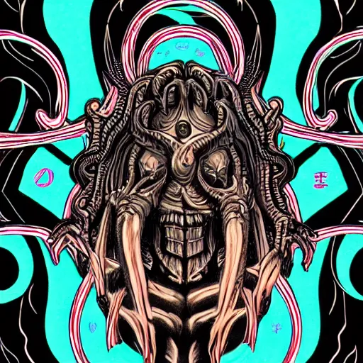 Image similar to 4 k stylized neon headshot of godlike cthulhu with defined arms and open hands and bloody clothes with giant mandala wings, intricate face, flawless anime cel animation by kentaro miura, psychedelic, highly detailed upper body, professionally post - processed, beautiful, scary, symmetry accurate features, epic, octane rendered, anime masterpiece, accurate