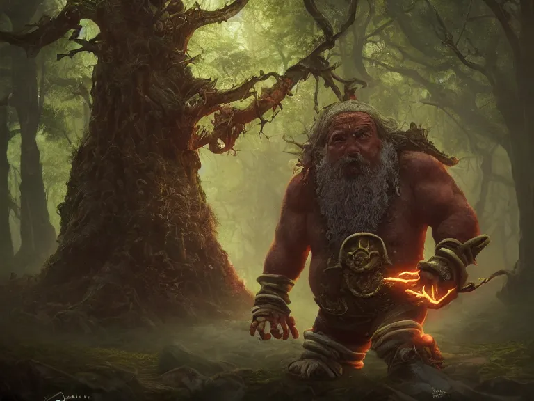 Image similar to Scared High Fantasy Dwarf Druid tripping through Haunted Forest, RPG Portrait Reference, Oil Painting, Trending on Artstation, octane render, Insanely Detailed, 8k, HD