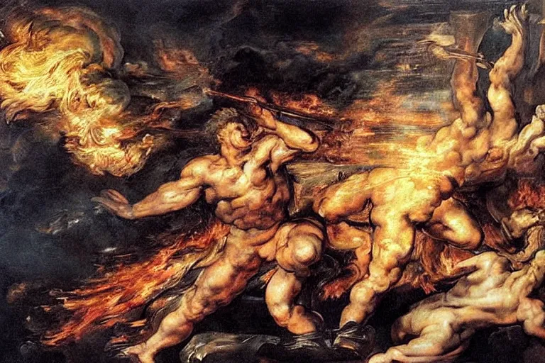 Prompt: majestic painting of a giant kebab monster terrorising a city in flames by Rubens, by Michelangelo, horror movie poster grain, ultra realistic, most definition, much appreciated