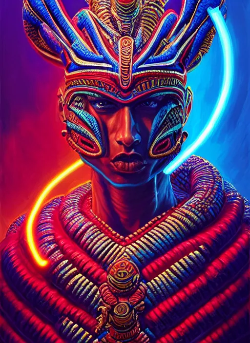 Image similar to hyper detailed ultra sharp aztec serpent warrior trance man. trending on artstation, warpaint aesthetic, earthwave, colorful, neon, ornate, intricate, digital painting, concept art, smooth, sharp focus, illustration, art by artgerm and greg rutkowski and h. r. giger, 8 k