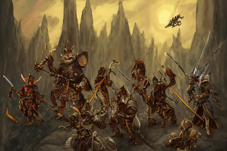 Prompt: dungeons and dragons fantasy painting, phalanx of ashigaru anthropomorphic cute goblin mice, anime inspired, heroic paladins white and gold, steampunk trim, brandishing naginata haldberds, red silk banners, whiskers, golden armor like the helenkia the champion, by brian froud, jessica rossier, and greg rutkowski