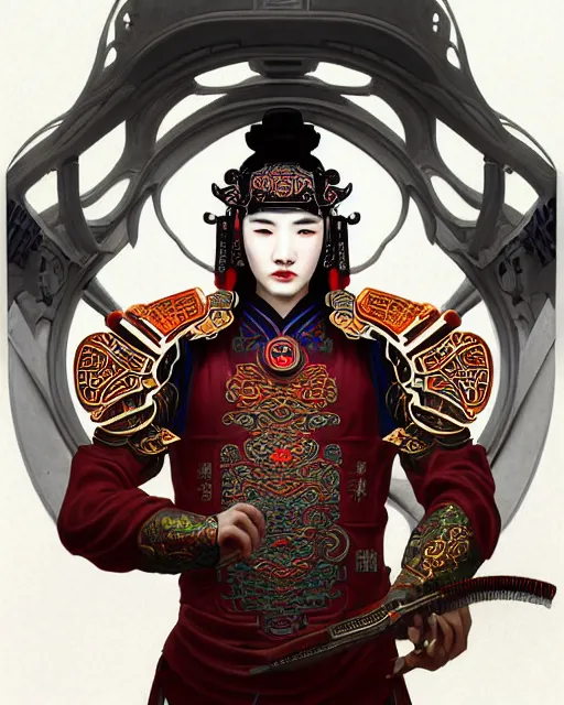 Image similar to portrait of a chinese masculine male cyberpunk machine, machine face, upper half portrait, decorated with chinese opera motifs, muscular, asian, fine china, wuxia, traditional chinese art intricate intense elegant 京 剧 highly detailed symmetry headpiece digital painting artstation concept art smooth sharp focus illustration, art by artgerm and greg rutkowski alphonse mucha 8 k