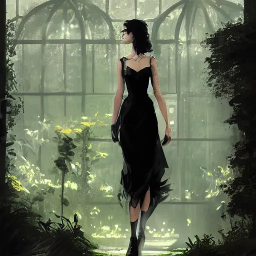 Prompt: a woman in a black dress standing in an elegant greenhouse garden, dramatic lighting, illustration by greg rutkowski, yoji shinkawa, 4 k, digital art, concept art, trending on artstation