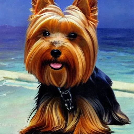 Image similar to ultra realistic portrait painting of a yorkshire terrier on a yacht, art by frank frazetta, 4 k, ultra realistic, highly detailed, epic lighting