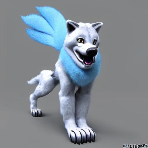 Image similar to 3 d render, well toned, large and tall, female anthropomorphic wolf with a short muzzle, blue scales and fur with white spots and wings on her back, icey blue dress, furr covering her chest.