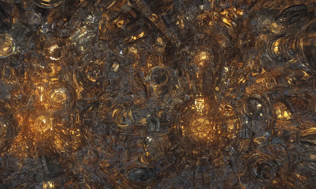 Image similar to steampunk engine laboratory 3 d volume kaleidoscope fractal voronoi metal chakra digital multicolor stylized concept substance natural color scheme, global illumination ray tracing hdr fanart arstation by sung choi and eric pfeiffer and gabriel garza and casper konefal