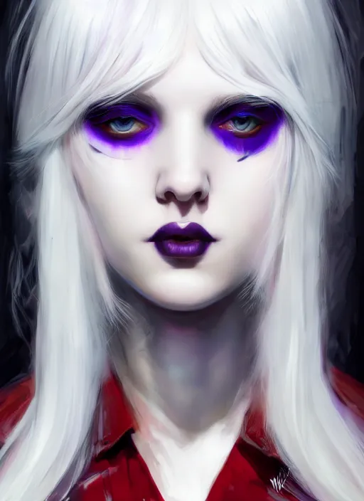 Image similar to portrait of white teenage girl, normal face, white bangs, mall goth, cyberlox, black and white hair, bangs, fluffy bangs, red contact lenses, purple lipstick, intricate, elegant, highly detailed, digital painting, artstation, concept art, sharp focus, smooth, illustration, art by wlop, mars ravelo and greg rutkowski