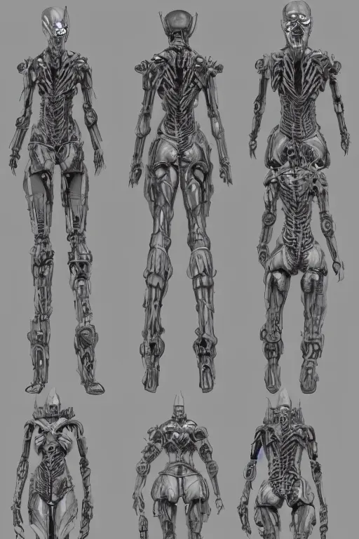 Image similar to cyborg norse goddess with gunmetal grey skin, medical anatomy, very symmetrical face, highly detailed, japanese mecha, three - perspective / three - view reference sheet ( front / back / side ), in the style of dan ouellette, dren from splice, hr giger, sil from species, artstation, unreal engine