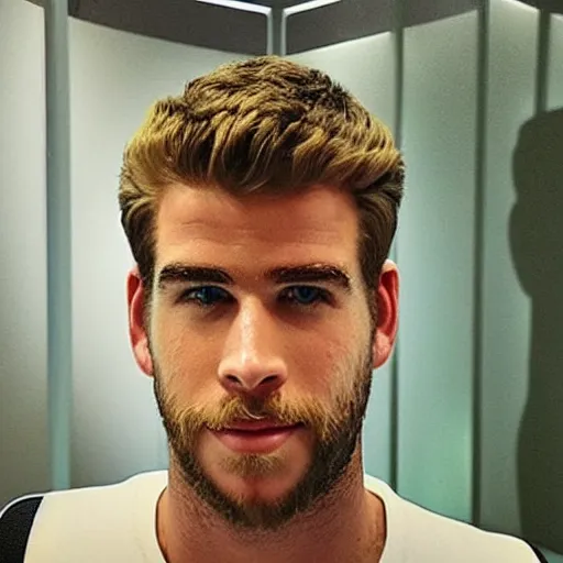 Image similar to “ a realistic detailed photo of a guy who is an attractive humanoid who is half robot and half humanoid, who is a male android, actor liam hemsworth, shiny skin, posing like a statue, blank stare, at the museum, on display ”