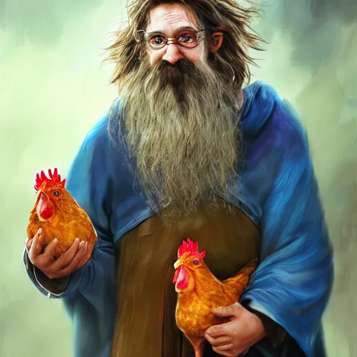 Image similar to a portrait of a wizard holding his pet chicken in his hands by Tony Sart, confused facial expression, blue robe, long white beard, frizzy hair, crazy hair, messy hair, ArtStation, realistic, detailed