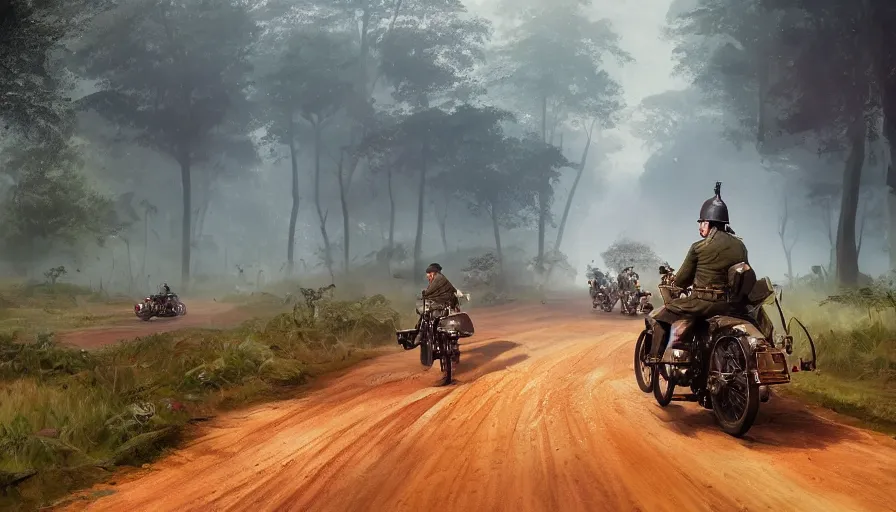Image similar to a british officer driving a motorcycle at high speed in 1921 in kerala forest road, local people chasing to attack, furious action scene, chase, an epic fantasy, dramatic lighting, cinematic, establishing shot, extremely high detail, photorealistic, cinematic lighting, artstation, by simon stalenhag, uncharted a thief's end