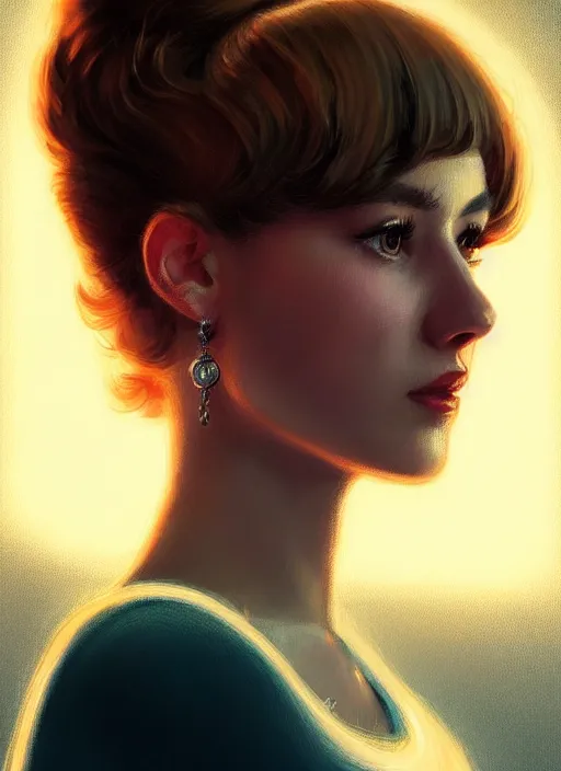 Image similar to portrait of betty cooper with fluffy bangs, bangs, 1 9 6 0 s, ponytail, curly bangs and ponytail, rounder face, intricate, elegant, glowing lights, highly detailed, digital painting, artstation, concept art, smooth, sharp focus, illustration, art by wlop, mars ravelo and greg rutkowski