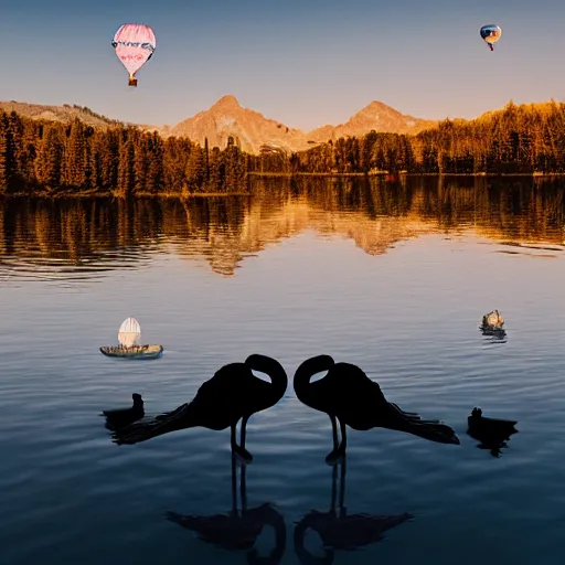 Image similar to photo of two black swans touching heads in a beautiful reflective mountain lake, a colorful hot air balloon is flying above reflecting off water, hot air balloon, intricate, 8k highly professionally detailed, centered, HDR, CGsociety