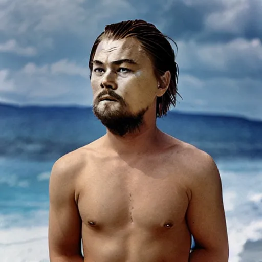 Prompt: ancient Japanese warrior wear swimsuit as Leonardo DiCaprio