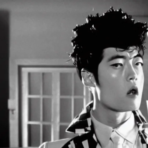 Image similar to a film still of Josuke Higashikata from Jojolion in ''Eraserhead''(1977)