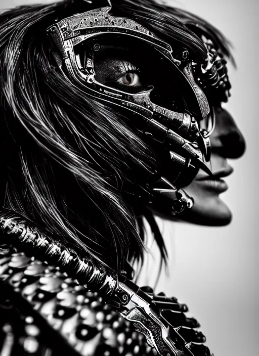Prompt: a profile portrait, a stunning young mutant cyborg - crow woman, editorial photography, bw, shot on 7 0 mm, depth of field, f / 2. 8, high contrast, 1 6 k, volumetric lighting, shiny, insanely detailed and intricate, hypermaximalist, elegant, ornate, hyper realistic, super detailed