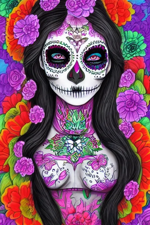 Prompt: Illustration of a sugar skull day of the dead girl, art by Harumi Hironaka