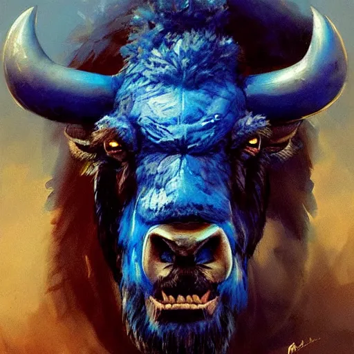 Image similar to angry blue bison portrait by greg rutkowski and frank frazetta, dark fantasy, blue, artstation