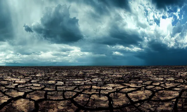 Image similar to panorama of big raindrops floating above a dried up river in a desolate land, dead trees, blue sky, hot and sunny highly-detailed, elegant, dramatic lighting, artstation, 4k, cinematic landscape, photograph by Elisabeth Gadd