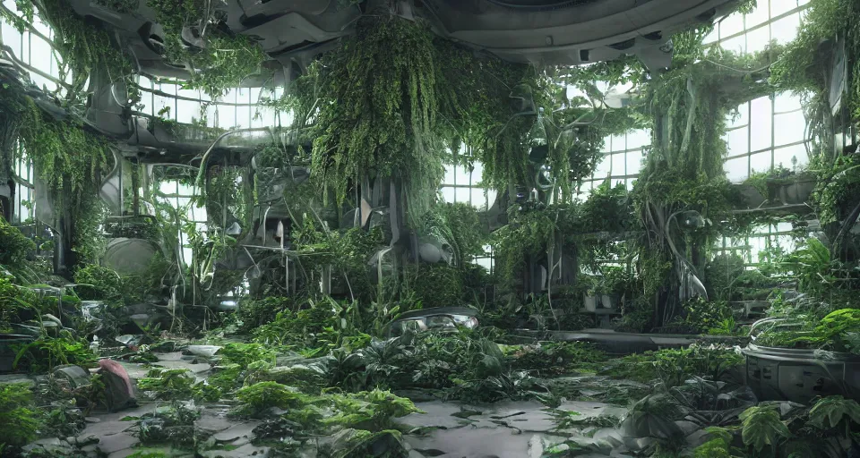 Image similar to inside a spaceship living quarters overgrown with plant life and ivy, artgerm, yoshitaka amano, gothic interior, 8 k, octane render, unreal engine