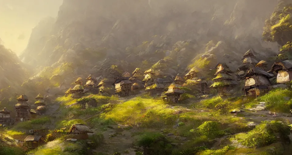 Prompt: beautiful village with japaneese mushroom houses on a mountain slope, realistic concept art, eytan zana, one pixel brush, lavander and yellow color scheme, concept art, trending on artstation