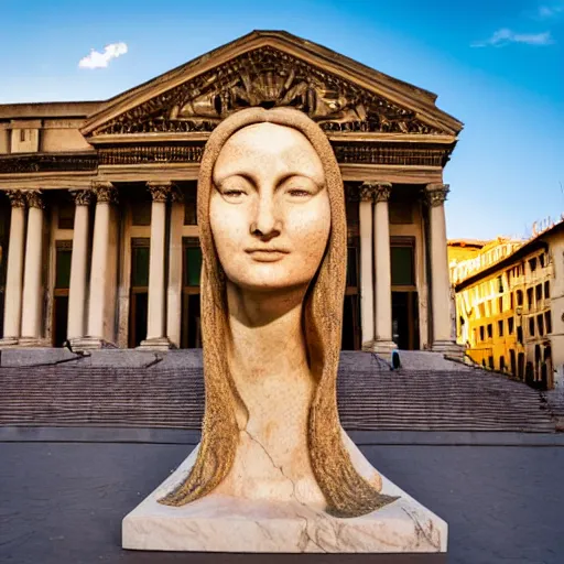 Image similar to A marble sculpture of The Mona Lisa in the middle of an empty Italian piazza, golden hour, 8k photograph, sunny day, low angle