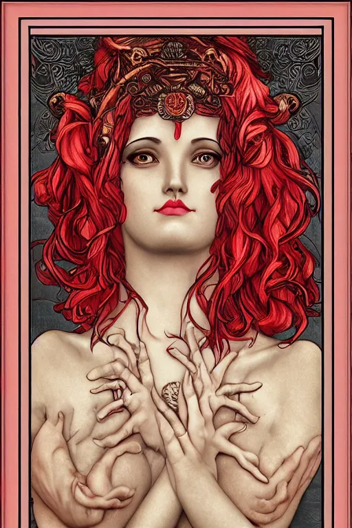 Prompt: art nouveau goddess face and red hair : : horror : : framed in art nouveau scroll work : : perfect female face : : vfx, postprocessing, cgsociety, 8 k, high resolution, enhanced 8 k render, sharp details, hyperrealistic, cinematic, moody, insane details, high resolution, movie concept art