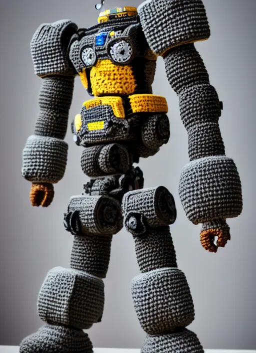 Image similar to a crochet mecha, realistic, Sigma 50 mm f/1.4