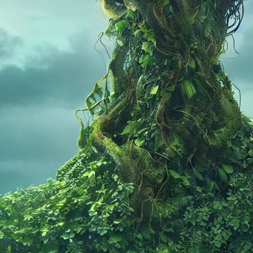 Prompt: Giant Mother Nature made of vines and leaves and a crown made of flowers towering over a tropical island, Dramatic Lighting, Trending on Artstation HQ, 4K, UHD.