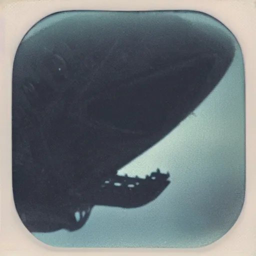 Image similar to lovecraftian alien ship seen from perspective of airplane window, real Polaroid photograph