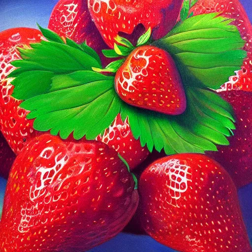 Image similar to a surreal oil painting of a strawberry plant with giant strawberrys, album cover, bright colors