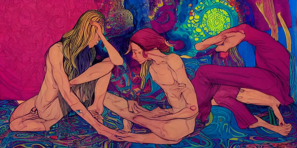 Prompt: Two lovers channeling third eye energy in the living room. They are feeling vulnerable in their love, hoping that their struggles will bring the best out of their love. There are other people in the room looking sinister and laughing at them. vibrant screen print by martine johanna and moebius, art by Jonathan Zawada, part by Adrian Ghenie, part by Gerhard Richter, artstation