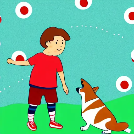 Image similar to illustration of french boy playing football with a corgi who is wearing a polka dot scarf