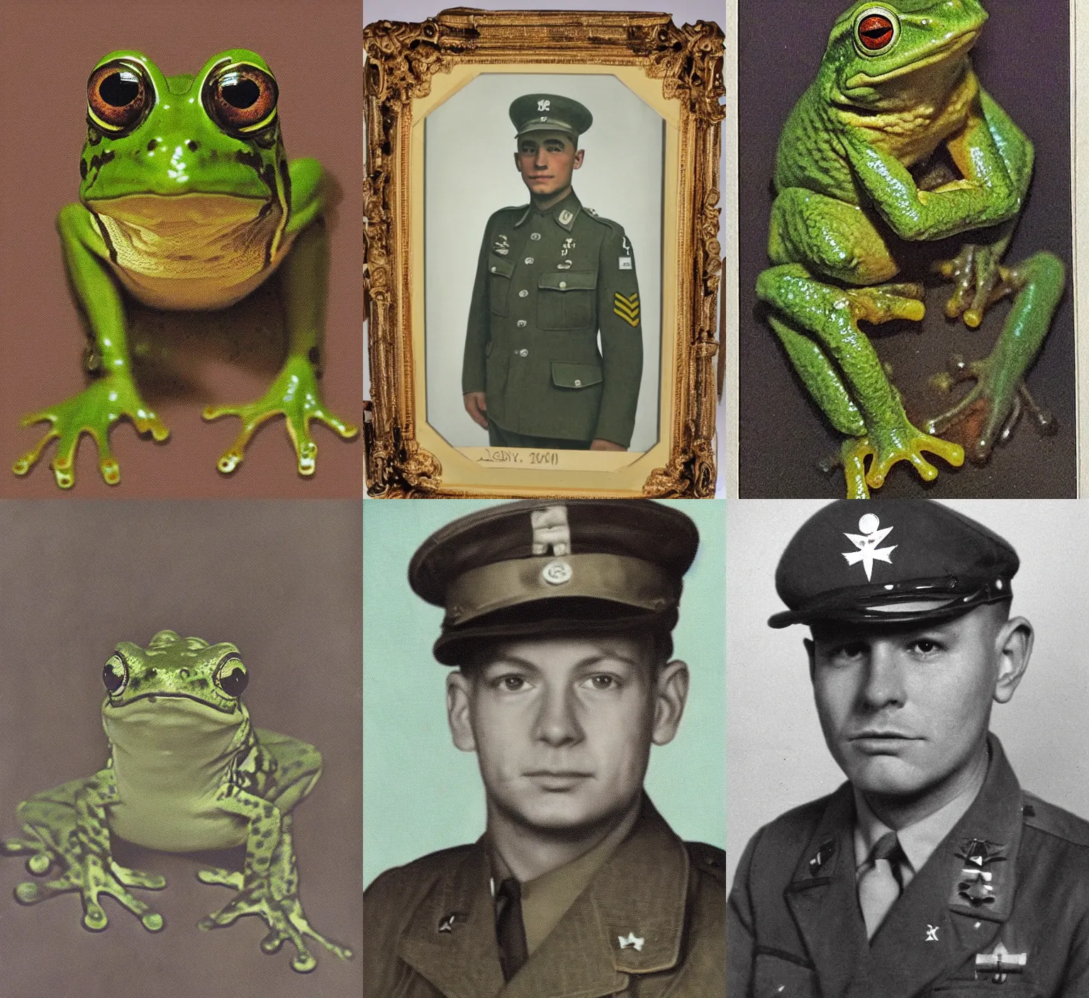 Prompt: grainy 2000’s WWII military portrait of a frog, professional portrait HD, authentic