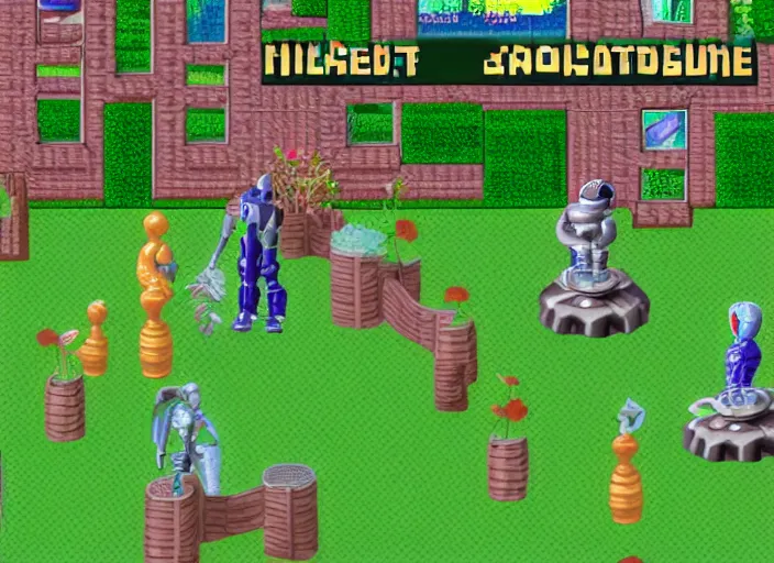 Image similar to screenshot of a sega saturn game about robot gardeners