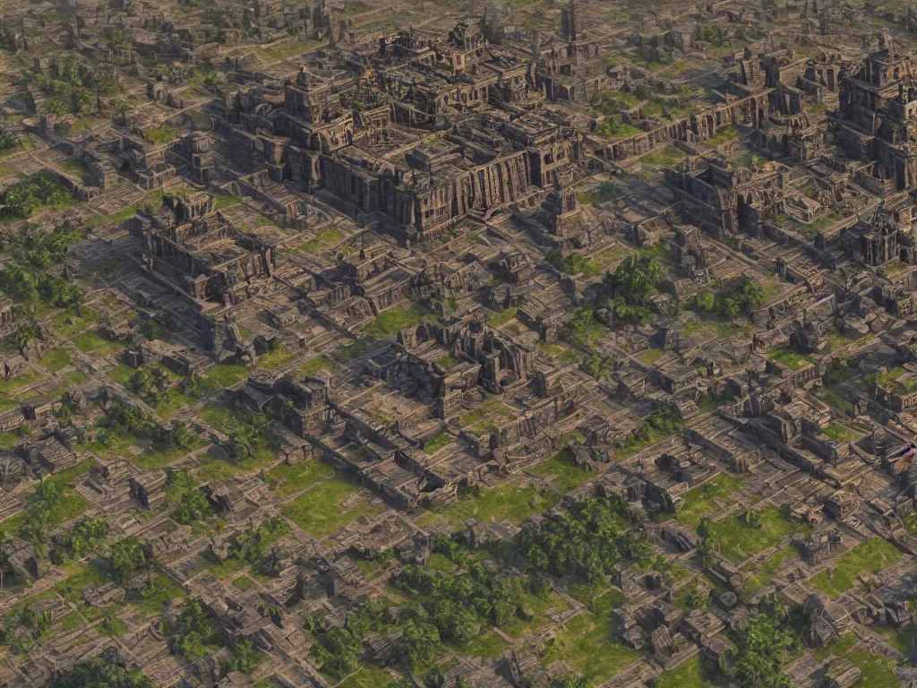 Prompt: A game concept art of city map with huge aztec temple in center and wide roads, placed near lake. Octane renderer, artstation, extremely high details