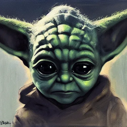 Image similar to portrait of a sad baby yoda looking at the burning world, artwork by guy denning and charlie bowater,