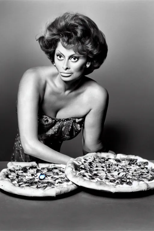 Image similar to professional studio photo of sophia loren and queen margherita ( savoy ) sharing a pizza! margherita, closeup, portrait photo, diffuse light, black and white photo, 5 0 mm, soft focus, acclaimed, masterpiece