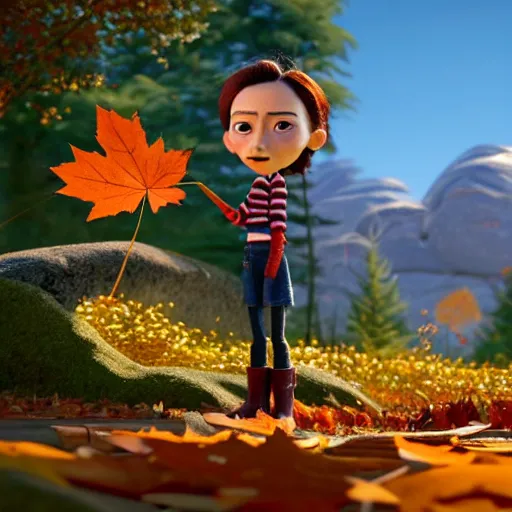 Prompt: a stopmotion animation character, a beautiful canadian woman, gardening, very attractive, some dark grey hair, stripey jumper, denim jeans, doc marten boots, canadian maple leaves, mountains, autumn, unreal engine 5, 8 k, kubo and the two strings, jan svankmayer, disney, pixar,