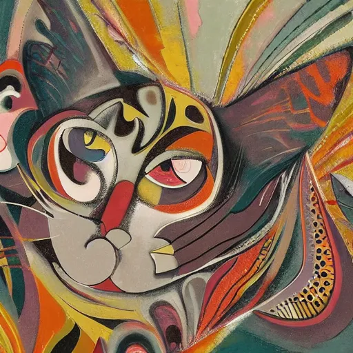 Image similar to A highly stylized conceptual art 4k shaded, finely detailed, matte painting with intricate textures and patterns of two abstract expressionist cats , their bodies intertwined together in the style of Lee Krasner