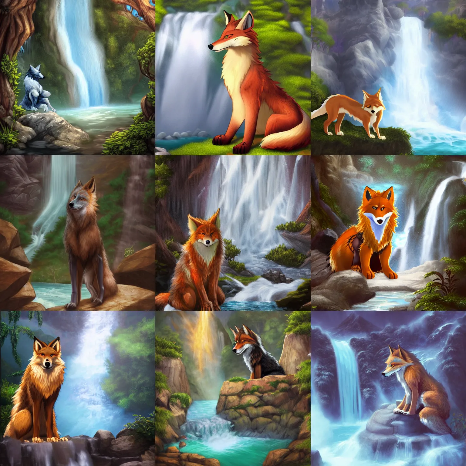 Prompt: fantasy furry art of a noble anthro werefox standing in front of a waterfall, photorealistic, award winning, FurAffinity