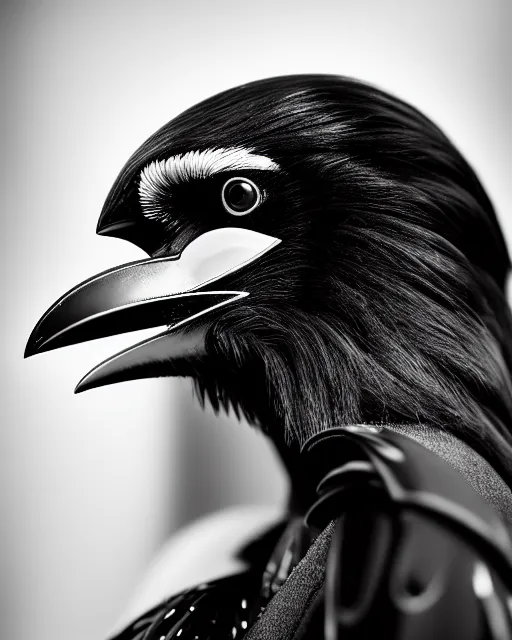 Image similar to a profile portrait, a stunning young woman - crow - cyborg, editorial photography, bw, shot on 7 0 mm, depth of field, f / 2. 8, high contrast, 1 6 k, volumetric lighting, shiny, insanely detailed and intricate, hypermaximalist, elegant, ornate, hyper realistic, super detailed