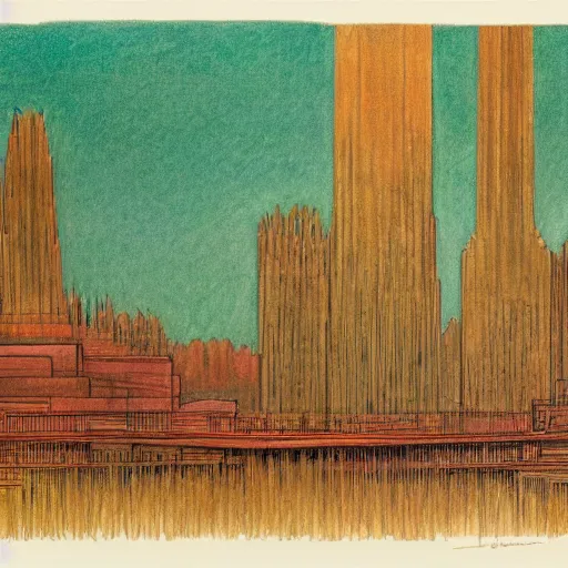 Image similar to frank lloyd wright's design for the emerald city, color pastel drawings by hugh ferriss