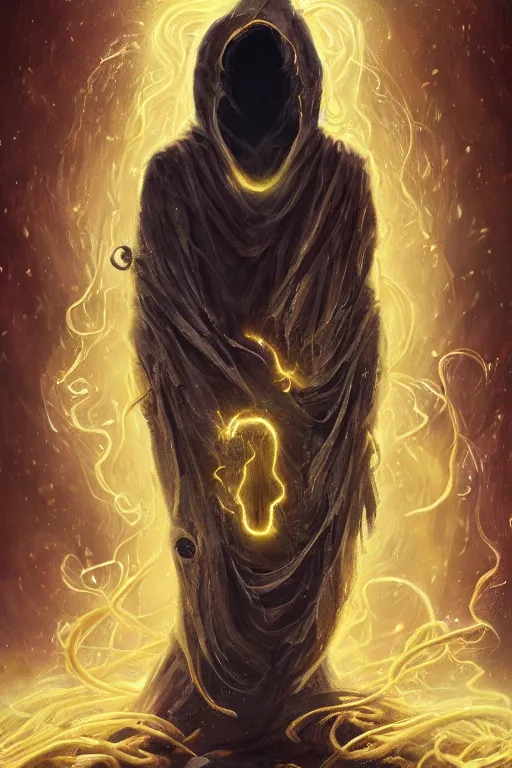 Image similar to A full body portrait of a mysterious animal with no face with a very long hooded yellow cloak, a golden crown floating above his head tentacles coming out the ground art by James Paick, and Shaddy Safadi, ominous, cosmic horror, trending on artstation, Ultra detailed, hyper realistic 4k