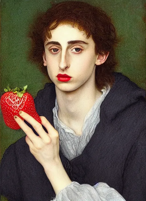 Prompt: (((( a painting of a Timothee Chalamet EATING an STRAWBERRY, a character portrait by Dürer, behance, pre-raphaelitism, da vinci,y pre-raphaelite, detailed painting“